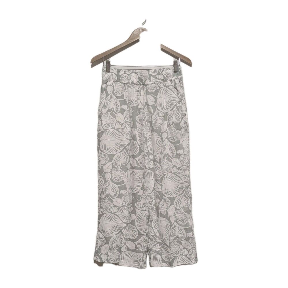 Tahari Linen Wide Leg Cropped Pants S Sage White Tropical Leaf Pockets